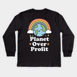 Planet Over Profit Earth day design with cute rainbow Kids Long Sleeve T-Shirt